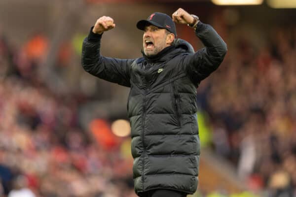 LIVERPOOL, ENGLAND - Sunday, January 16, 2022: Liverpool's manager Jurgen Klopp celebrates after the FA Premier League match between Liverpool FC and Brentford FC at Anfield. Liverpool won 3-0. (Pic by David Rawcliffe/Propaganda)