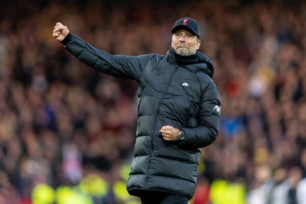 LIVERPOOL, ENGLAND - Sunday, January 16, 2022: Liverpool's manager Jurgen Klopp celebrates after the FA Premier League match between Liverpool FC and Brentford FC at Anfield. Liverpool won 3-0. (Pic by David Rawcliffe/Propaganda)