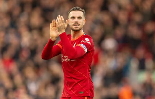 LIVERPOOL, ENGLAND - Sunday, January 16, 2022: Liverpool's captain Jordan Henderson celebrates after the FA Premier League match between Liverpool FC and Brentford FC at Anfield. Liverpool won 3-0. (Pic by David Rawcliffe/Propaganda)