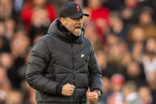 LIVERPOOL, ENGLAND - Sunday, January 16, 2022: Liverpool's manager Jurgen Klopp celebrates after the FA Premier League match between Liverpool FC and Brentford FC at Anfield. Liverpool won 3-0. (Pic by David Rawcliffe/Propaganda)