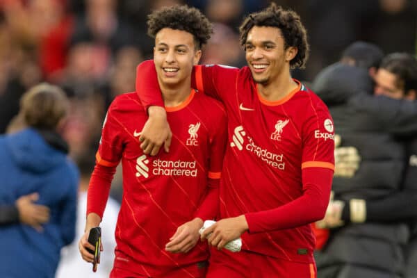 LIVERPOOL, ENGLAND - Sunday, January 16, 2022: Liverpool's Kaide Gordon (L) and Trent Alexander-Arnold after the FA Premier League match between Liverpool FC and Brentford FC at Anfield. (Pic by David Rawcliffe/Propaganda)