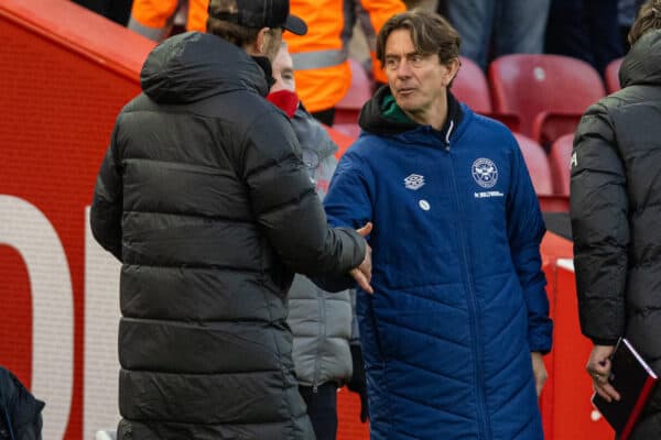 LIVERPOOL, ENGLAND - Sunday, January 16, 2022: Brentford's manager Thomas Frank (R) shakes hands with manager Jurgen Klopp after the FA Premier League match between Liverpool FC and Brentford FC at Anfield. (Pic by David Rawcliffe/Propaganda)