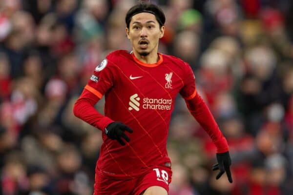 LIVERPOOL, ENGLAND - Sunday, January 16, 2022: Liverpool's Takumi Minamino during the FA Premier League match between Liverpool FC and Brentford FC at Anfield. (Pic by David Rawcliffe/Propaganda)