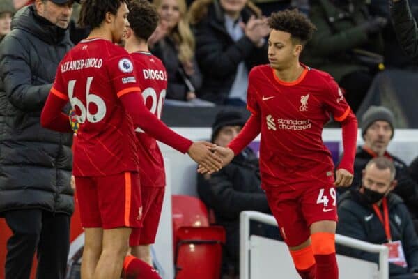 LIVERPOOL, ENGLAND - Sunday, January 16, 2022: Liverpool's substitute Kaide Gordon comes on to make his League debut during the FA Premier League match between Liverpool FC and Brentford FC at Anfield. (Pic by David Rawcliffe/Propaganda)