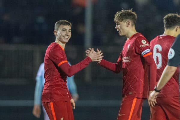 KIRKBY, ENGLAND - Tuesday, January 18, 2022: Liverpool's Mateus Musialowski celebrates after scoring the fourth goal during the FA Youth Cup 4th Round match between Liverpool FC Under-18's and Burnley FC Under-18's at the Liverpool Academy. (Pic by David Rawcliffe/Propaganda)