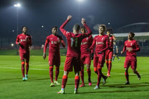 KIRKBY, ENGLAND - Tuesday, January 18, 2022: Liverpool's Mateus Musialowski celebrates after scoring the second goal during the FA Youth Cup 4th Round match between Liverpool FC Under-18's and Burnley FC Under-18's at the Liverpool Academy. (Pic by David Rawcliffe/Propaganda)