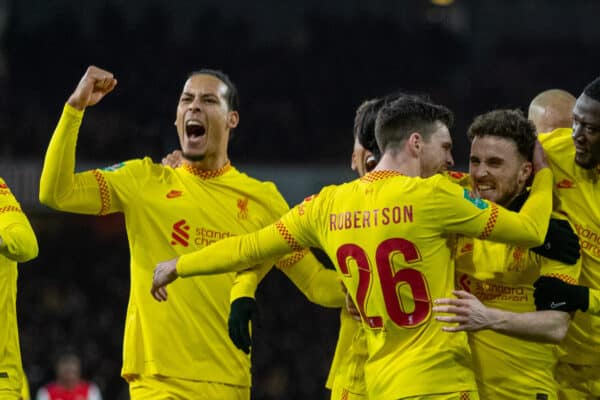 LONDON, ENGLAND - Thursday, January 20, 2022: Liverpool's Diogo Jota (#20) celebrates after scoring the second goal during the Football League Cup Semi-Final 2nd Leg match between Arsenal FC and Liverpool FC at the Emirates Stadium. (Pic by David Rawcliffe/Propaganda)