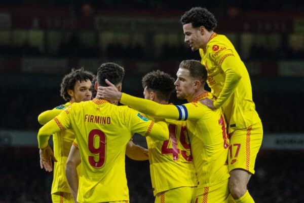 LONDON, ENGLAND - Thursday, January 20, 2022: Liverpool's Diogo Jota (hidden) celebrates with team-mates after scoring the first goal during the Football League Cup Semi-Final 2nd Leg match between Arsenal FC and Liverpool FC at the Emirates Stadium. (Pic by David Rawcliffe/Propaganda)