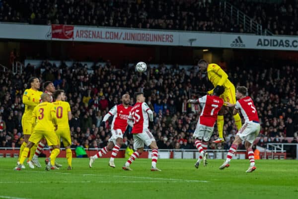 LONDON, ENGLAND - Thursday, January 20, 2022: Liverpool's Ibrahima Konaté sees hid header hit the post during the Football League Cup Semi-Final 2nd Leg match between Arsenal FC and Liverpool FC at the Emirates Stadium. (Pic by David Rawcliffe/Propaganda)