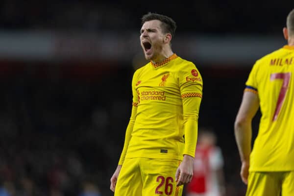 LONDON, ENGLAND - Thursday, January 20, 2022: Liverpool's Andy Robertson celebrates his side's second goal goal during the Football League Cup Semi-Final 2nd Leg match between Arsenal FC and Liverpool FC at the Emirates Stadium. (Pic by David Rawcliffe/Propaganda)