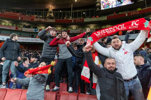 LONDON, ENGLAND - Thursday, January 20, 2022: Liverpool supporters celebrate after the Football League Cup Semi-Final 2nd Leg match between Arsenal FC and Liverpool FC at the Emirates Stadium. Liverpool won 2-0, 2-0 on aggregate. (Pic by David Rawcliffe/Propaganda)