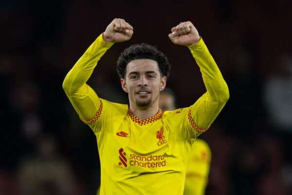 LONDON, ENGLAND - Thursday, January 20, 2022: Liverpool Curtis Jones celebrates after the Football League Cup Semi-Final 2nd Leg match between Arsenal FC and Liverpool FC at the Emirates Stadium. Liverpool won 2-0, 2-0 on aggregate. (Pic by David Rawcliffe/Propaganda)