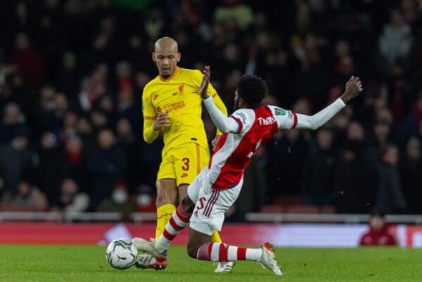 LONDON, ENGLAND - Thursday, January 20, 2022: Arsenal's Thomas Partey (R) challenges Liverpool's Fabio Henrique Tavares 'Fabinho', and is sent off as a result, during the Football League Cup Semi-Final 2nd Leg match between Arsenal FC and Liverpool FC at the Emirates Stadium. (Pic by David Rawcliffe/Propaganda)