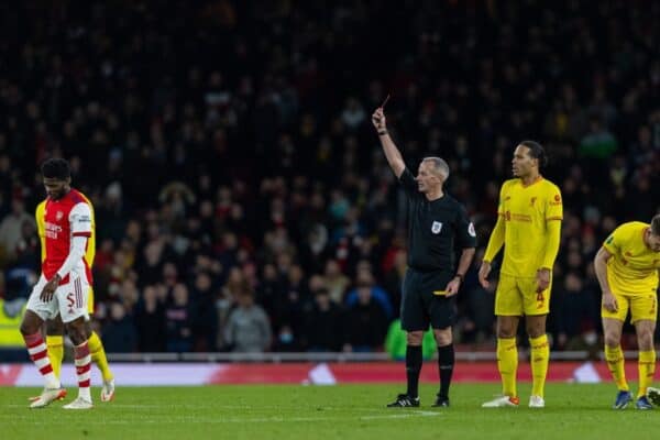 LONDON, ENGLAND - Thursday, January 20, 2022: Arsenal's Thomas Partey is shown a red card, for a second yellow card, and sent off, by referee Martin Atkinson during the Football League Cup Semi-Final 2nd Leg match between Arsenal FC and Liverpool FC at the Emirates Stadium. (Pic by David Rawcliffe/Propaganda)