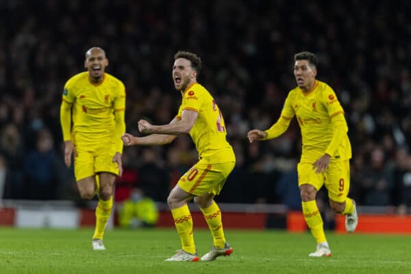 LONDON, ENGLAND - Thursday, January 20, 2022: Liverpool's Diogo Jota (C) celebrates after scoring the second goal during the Football League Cup Semi-Final 2nd Leg match between Arsenal FC and Liverpool FC at the Emirates Stadium. (Pic by David Rawcliffe/Propaganda)