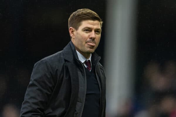 LIVERPOOL, ENGLAND - Saturday, January 22, 2022: Aston Villa's manager Steven Gerrard sticks his tong out as he walks back to the dressing room after the FA Premier League match between Everton FC and Aston Villa FC at Goodison Park. Everton won 1-0. (Pic by David Rawcliffe/Propaganda)