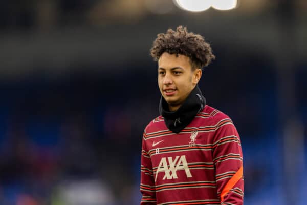 LONDON, ENGLAND - Sunday, January 23, 2022: Liverpool's Kaide Gordon during the pre-match warm-up before the FA Premier League match between Crystal Palace FC and Liverpool FC at Selhurst Park. (Pic by David Rawcliffe/Propaganda)