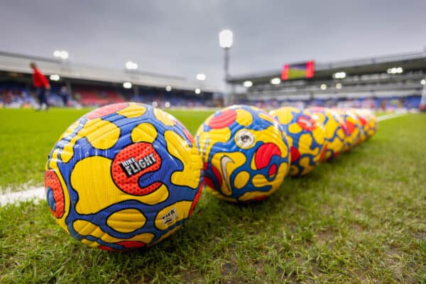 LONDON, ENGLAND - Sunday, January 23, 2022: Official yellow Nike match balls during the FA Premier League match between Crystal Palace FC and Liverpool FC at Selhurst Park. (Pic by David Rawcliffe/Propaganda)