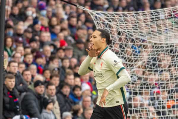 LONDON, ENGLAND - Sunday, January 23, 2022: Liverpool's Virgil van Dijk celebrates after scoring the first goal during the FA Premier League match between Crystal Palace FC and Liverpool FC at Selhurst Park. (Pic by David Rawcliffe/Propaganda)