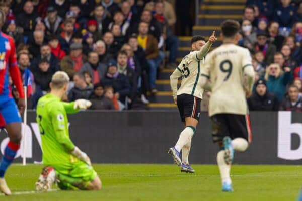 LONDON, ENGLAND - Sunday, January 23, 2022: Liverpool's Alex Oxlade-Chamberlain celebrates after scoring the second goal during the FA Premier League match between Crystal Palace FC and Liverpool FC at Selhurst Park. (Pic by David Rawcliffe/Propaganda)