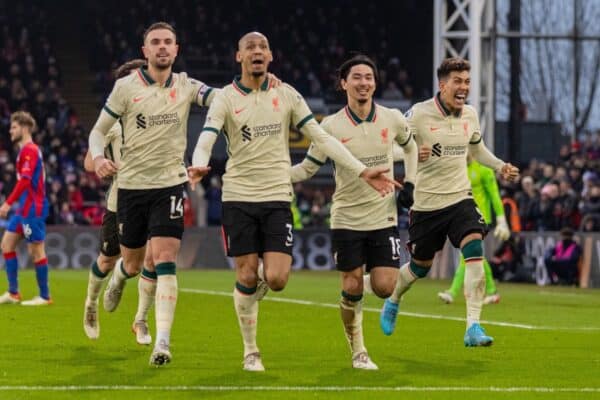 LONDON, ENGLAND - Sunday, January 23, 2022: Liverpool's Fabio Henrique Tavares 'Fabinho' (2nf from L) celebrates after scoring the third goal during the FA Premier League match between Crystal Palace FC and Liverpool FC at Selhurst Park. (Pic by David Rawcliffe/Propaganda)