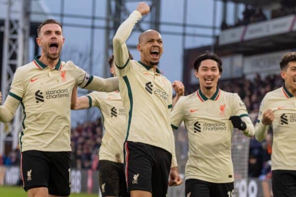 LONDON, ENGLAND - Sunday, January 23, 2022: Liverpool's Fabio Henrique Tavares 'Fabinho' (2nf from L) celebrates after scoring the third goal during the FA Premier League match between Crystal Palace FC and Liverpool FC at Selhurst Park. (Pic by David Rawcliffe/Propaganda)