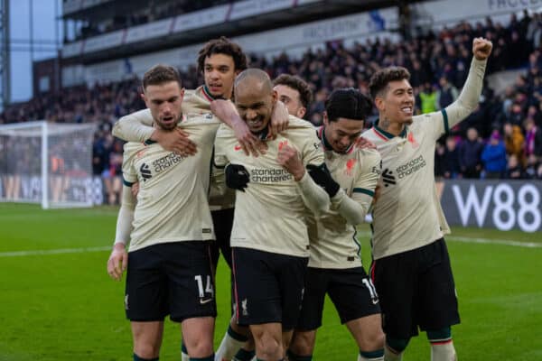 LONDON, ENGLAND - Sunday, January 23, 2022: Liverpool's Fabio Henrique Tavares 'Fabinho' (3rd from L) celebrates after scoring the third goal during the FA Premier League match between Crystal Palace FC and Liverpool FC at Selhurst Park. (Pic by David Rawcliffe/Propaganda)