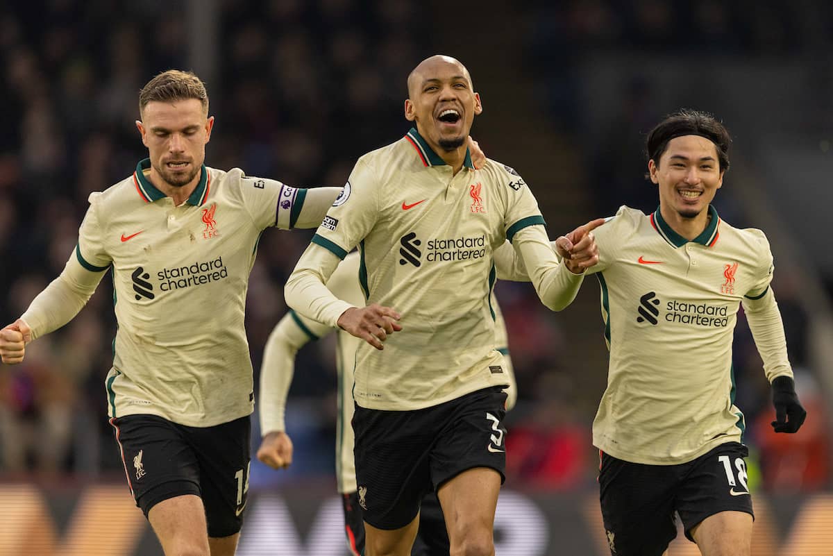 LONDON, ENGLAND - Sunday, January 23, 2022: Liverpool's Fabio Henrique Tavares 'Fabinho' (C) celebrates with team-mates captain Jordan Henderson (L) and Takumi Minamino (R) after scoring the third goal during the FA Premier League match between Crystal Palace FC and Liverpool FC at Selhurst Park. (Pic by David Rawcliffe/Propaganda)