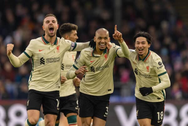 LONDON, ENGLAND - Sunday, January 23, 2022: Liverpool's Fabio Henrique Tavares 'Fabinho' (C) celebrates with team-mates captain Jordan Henderson (L) and Takumi Minamino (R) after scoring the third goal during the FA Premier League match between Crystal Palace FC and Liverpool FC at Selhurst Park. (Pic by David Rawcliffe/Propaganda)