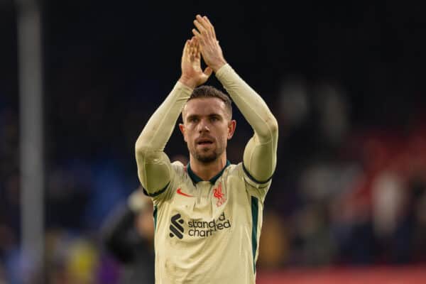 LONDON, ENGLAND - Sunday, January 23, 2022: Liverpool's captain Jordan Henderson celebrates after the FA Premier League match between Crystal Palace FC and Liverpool FC at Selhurst Park. Liverpool won 3-0. (Pic by David Rawcliffe/Propaganda)