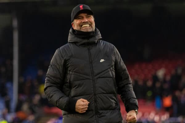 LONDON, ENGLAND - Sunday, January 23, 2022: Liverpool's manager Jürgen Klopp celebrates after the FA Premier League match between Crystal Palace FC and Liverpool FC at Selhurst Park. Liverpool won 3-0. (Pic by David Rawcliffe/Propaganda)