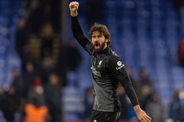 LONDON, ENGLAND - Sunday, January 23, 2022: Liverpool's goalkeeper Alisson Becker celebrates after the FA Premier League match between Crystal Palace FC and Liverpool FC at Selhurst Park. Liverpool won 3-0. (Pic by David Rawcliffe/Propaganda)