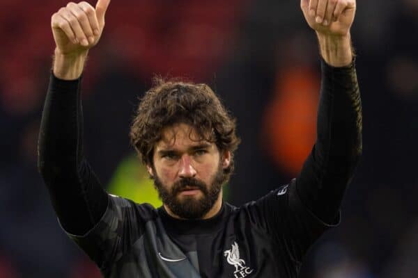 LONDON, ENGLAND - Sunday, January 23, 2022: Liverpool's goalkeeper Alisson Becker celebrates after the FA Premier League match between Crystal Palace FC and Liverpool FC at Selhurst Park. Liverpool won 3-0. (Pic by David Rawcliffe/Propaganda)