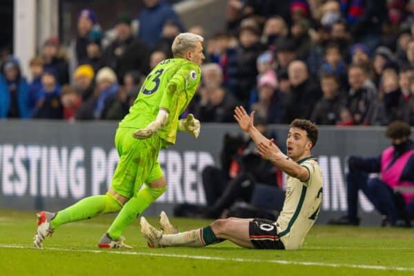 LONDON, ENGLAND - Sunday, January 23, 2022: Liverpool's Diogo Jota appeals for a penalty after being brought down by Crystal Palace's goalkeeper Vicente Guaita during the FA Premier League match between Crystal Palace FC and Liverpool FC at Selhurst Park. (Pic by David Rawcliffe/Propaganda)