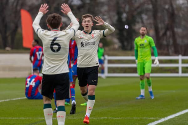 LONDON, ENGLAND - Sunday, January 23, 2022: Liverpool's Max Woltman (R) celebrates after scoring the first goal during the FA Premier League match between Crystal Palace FC and Liverpool FC at Selhurst Park. (Pic by David Rawcliffe/Propaganda)