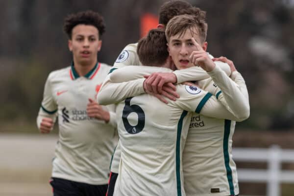 LONDON, ENGLAND - Sunday, January 23, 2022: Liverpool's Max Woltman (R) celebrates after scoring the first goal during the FA Premier League match between Crystal Palace FC and Liverpool FC at Selhurst Park. (Pic by David Rawcliffe/Propaganda)