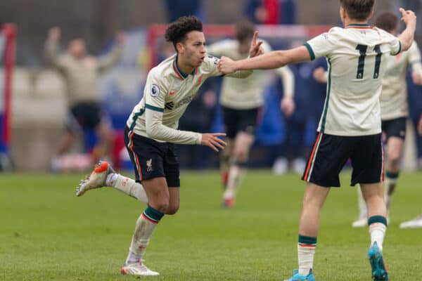 LONDON, ENGLAND - Sunday, January 23, 2022: Liverpool's Kaide Gordon celebrates after scoring the second goal in injury time during the FA Premier League match between Crystal Palace FC and Liverpool FC at Selhurst Park. Liverpool won 2-0. (Pic by David Rawcliffe/Propaganda)