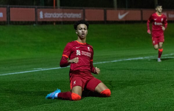 KIRKBY, ENGLAND - Saturday, January 29, 2022: Liverpool's Kaide Gordon celebrates after scoring the second goal during the FA Youth Cup 5th Round match between Liverpool FC Under-18's and Chelsea FC Under-18's at the Liverpool Academy. (Pic by David Rawcliffe/Propaganda)