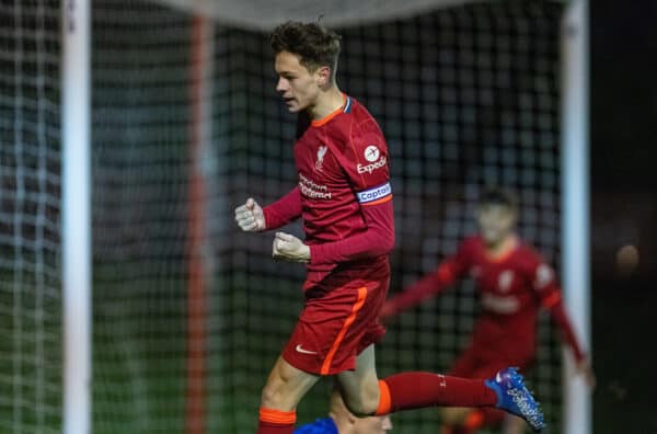 KIRKBY, ENGLAND - Saturday, January 29, 2022: Liverpool's captain Luke Chambers celebrates after scoring the first goal during the FA Youth Cup 5th Round match between Liverpool FC Under-18's and Chelsea FC Under-18's at the Liverpool Academy. (Pic by David Rawcliffe/Propaganda)