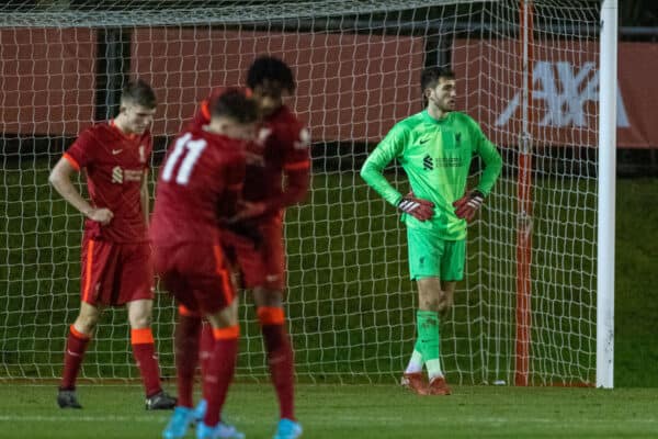 KIRKBY, ENGLAND - Saturday, January 29, 2022: Liverpool's goalkeeper Harvey Davies looks dejected as Chelsea score a winning fourth goal in injury time, after being 3-0 down, during the FA Youth Cup 5th Round match between Liverpool FC Under-18's and Chelsea FC Under-18's at the Liverpool Academy. Chelsea won 4-3. (Pic by David Rawcliffe/Propaganda)