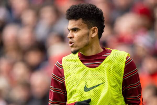 LIVERPOOL, ENGLAND - Sunday, February 6th, 2022: Liverpool's new signing Luis Díaz warms-up during the FA Cup 4th Round match between Liverpool FC and Cardiff City FC at Anfield. (Pic by David Rawcliffe/Propaganda)