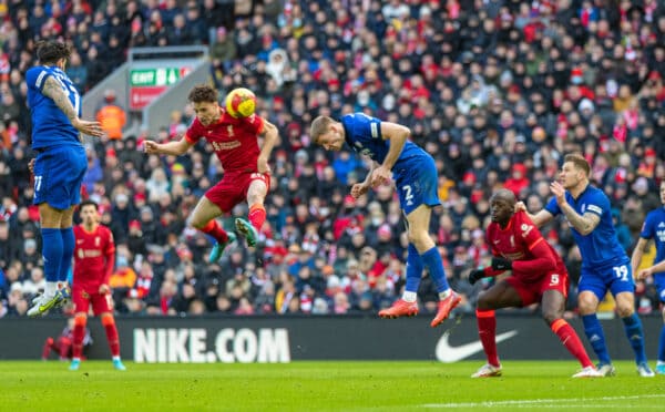 LIVERPOOL, ENGLAND - Sunday, February 6th, 2022: Liverpool's Diogo Jota scores the first goal during the FA Cup 4th Round match between Liverpool FC and Cardiff City FC at Anfield. (Pic by David Rawcliffe/Propaganda)