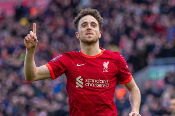 LIVERPOOL, ENGLAND - Sunday, February 6th, 2022: Liverpool's Diogo Jota celebrates after scoring the first goal during the FA Cup 4th Round match between Liverpool FC and Cardiff City FC at Anfield. (Pic by David Rawcliffe/Propaganda)