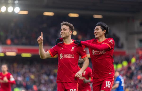 LIVERPOOL, ENGLAND - Sunday, February 6th, 2022: Liverpool's Diogo Jota celebrates after scoring the first goal during the FA Cup 4th Round match between Liverpool FC and Cardiff City FC at Anfield. (Pic by David Rawcliffe/Propaganda)