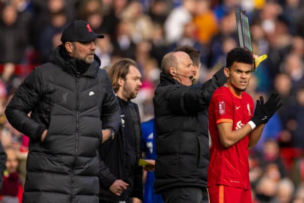 LIVERPOOL, ENGLAND - Sunday, February 6th, 2022: Liverpool's new signing Luis Díaz comes on to make his debut during the FA Cup 4th Round match between Liverpool FC and Cardiff City FC at Anfield. (Pic by David Rawcliffe/Propaganda)