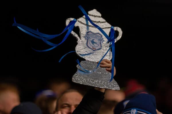 LIVERPOOL, ENGLAND - Sunday, February 6th, 2022: A Cardiff City supporters' tin foil FA Cup during the FA Cup 4th Round match between Liverpool FC and Cardiff City FC at Anfield. (Pic by David Rawcliffe/Propaganda)