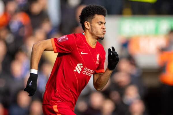 LIVERPOOL, ENGLAND - Sunday, February 6th, 2022: Liverpool's new signing Luis Díaz during the FA Cup 4th Round match between Liverpool FC and Cardiff City FC at Anfield. (Pic by David Rawcliffe/Propaganda)