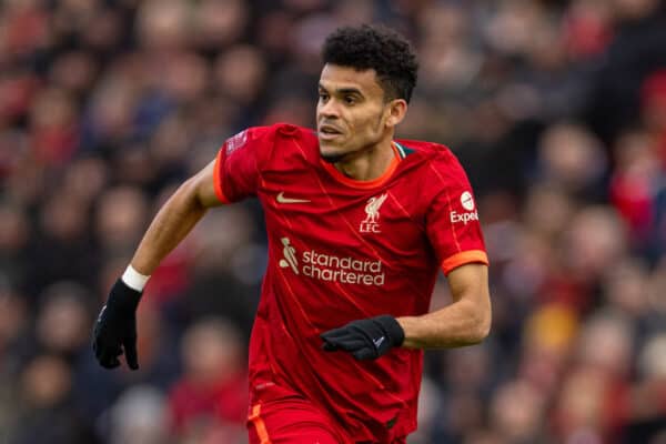 LIVERPOOL, ENGLAND - Sunday, February 6th, 2022: Liverpool's new signing Luis Díaz during the FA Cup 4th Round match between Liverpool FC and Cardiff City FC at Anfield. (Pic by David Rawcliffe/Propaganda)