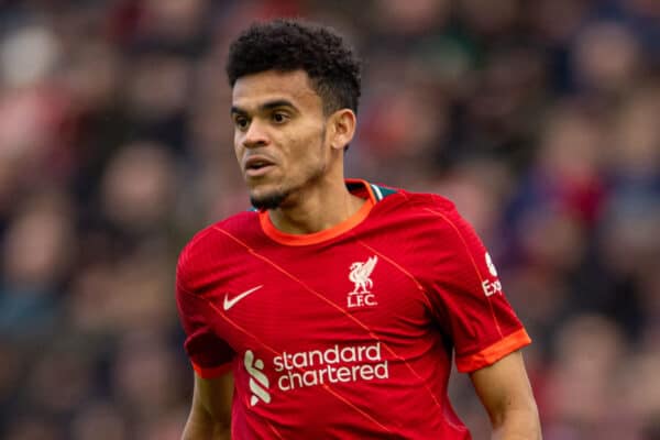 LIVERPOOL, ENGLAND - Sunday, February 6th, 2022: Liverpool's new signing Luis Díaz during the FA Cup 4th Round match between Liverpool FC and Cardiff City FC at Anfield. (Pic by David Rawcliffe/Propaganda)