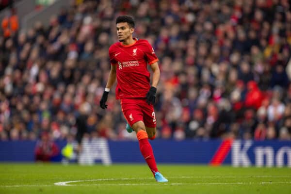 LIVERPOOL, ENGLAND - Sunday, February 6th, 2022: Liverpool's new signing Luis Díaz during the FA Cup 4th Round match between Liverpool FC and Cardiff City FC at Anfield. (Pic by David Rawcliffe/Propaganda)